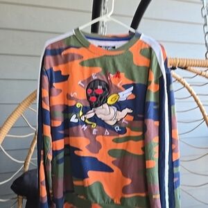 BKYS BRAND Orange/Green Camo STEEL HEART x CUPID SWEATSHIRT Crew Neck Mens MED